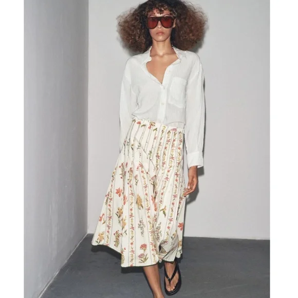 Zara 🔥 Pleated Floral Midi Skirt Botanical Flowy Cottagecore Prairie Cotton XL - Picture 1 of 16